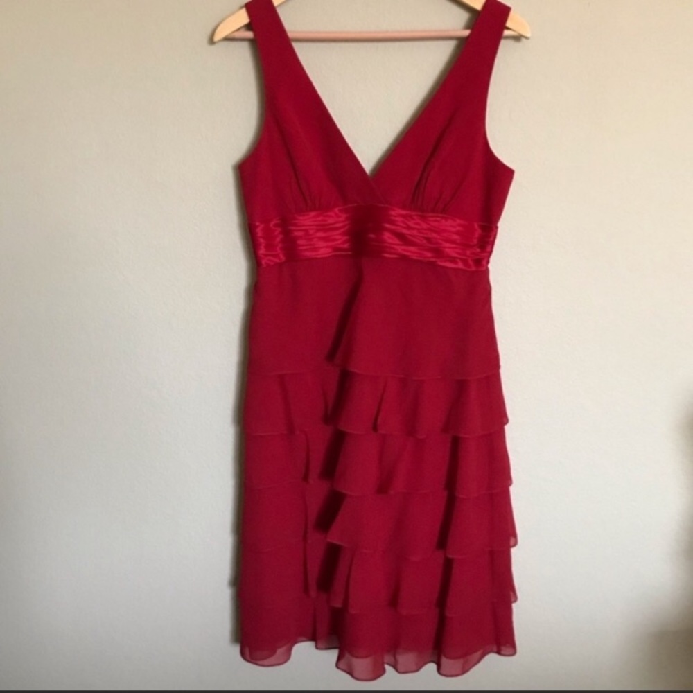 BCBG Max Azria Cocktail Dress V-Neck Tiered Chiffon Ruffle Ribbon Fit & Flare